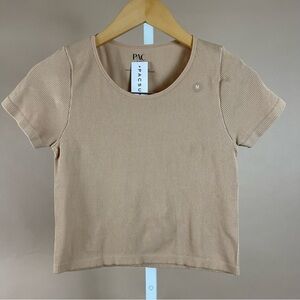 NEW PacCares PacSun Medium Ribbed Camel Tan Crop Tee Top Minimalist Neutral